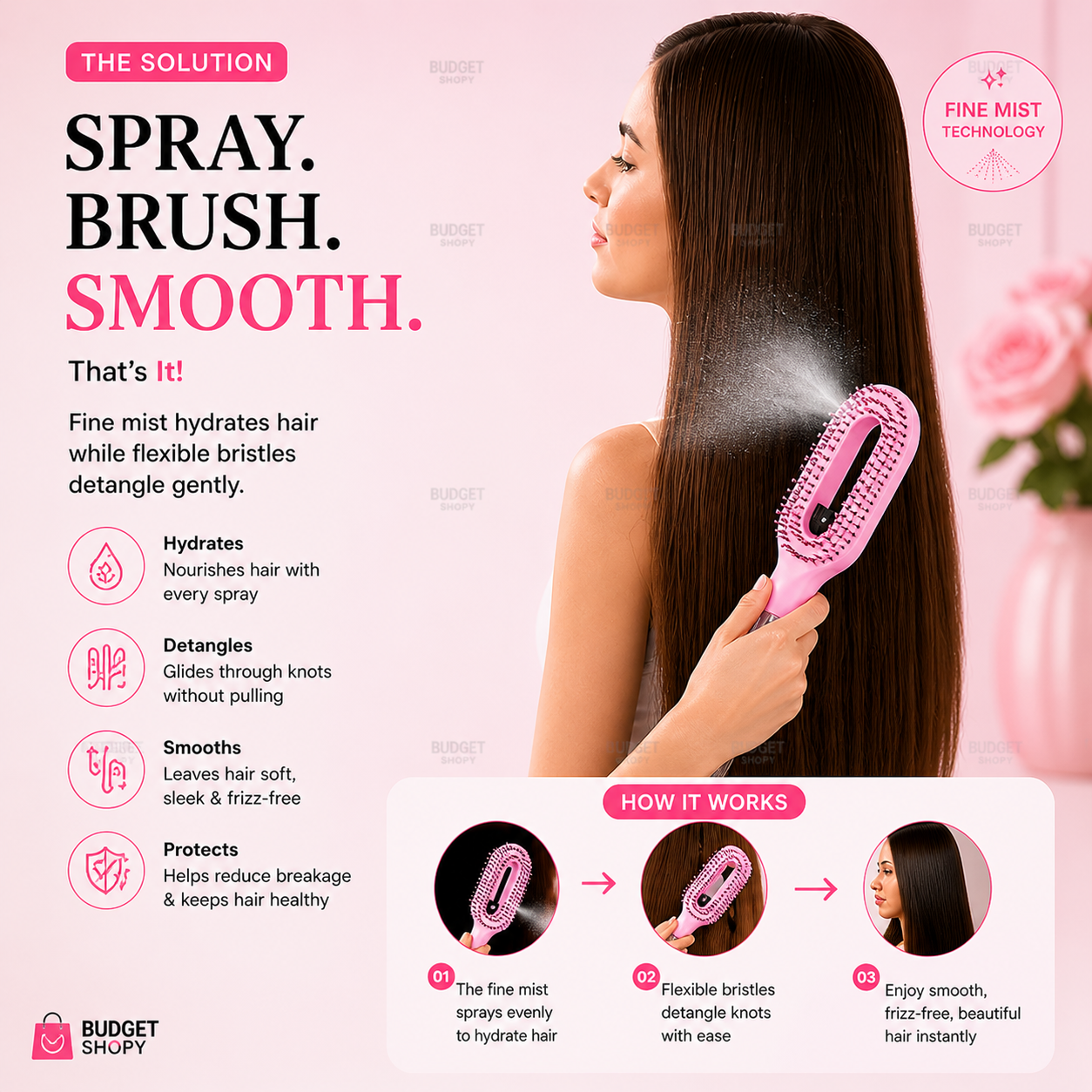 LifeOneEase™ Spray Hair Brush – 2-in-1 Water Mist Detangling Comb for Smooth & Frizz-Free Hair