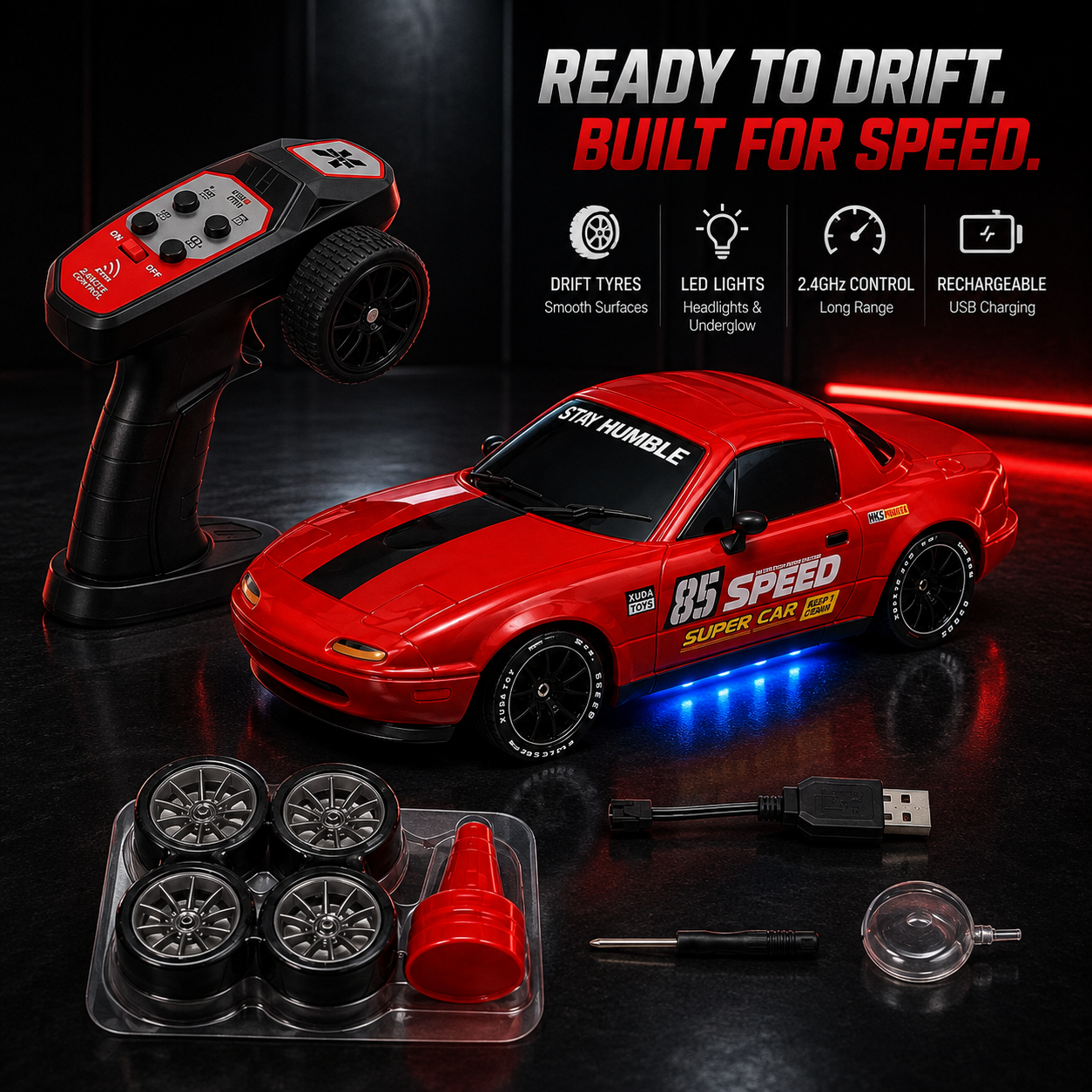 4WD RC Drift Racing Car – High Speed Remote Control Car with LED Lights & Spray Effect