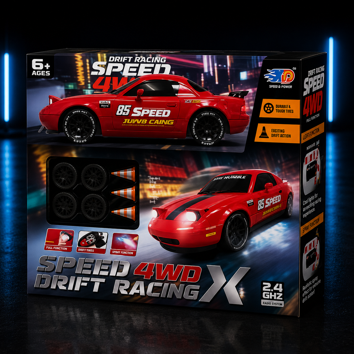 4WD RC Drift Racing Car – High Speed Remote Control Car with LED Lights & Spray Effect