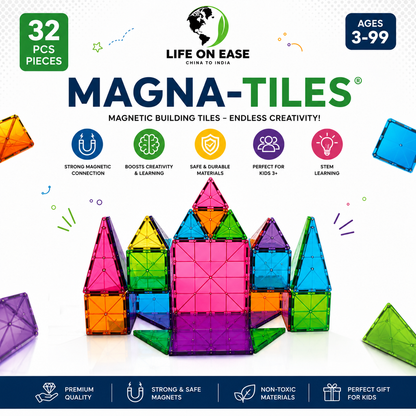 Life On Ease Magnetic Tiles Building Blocks for Kids | 32 PCS STEM Magnetic Building Set | Educational Toy Age 3+