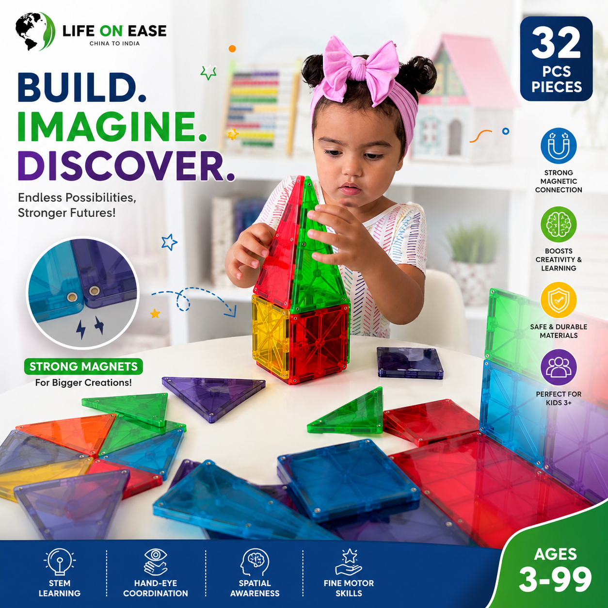Life On Ease Magnetic Tiles Building Blocks for Kids | 32 PCS STEM Magnetic Building Set | Educational Toy Age 3+