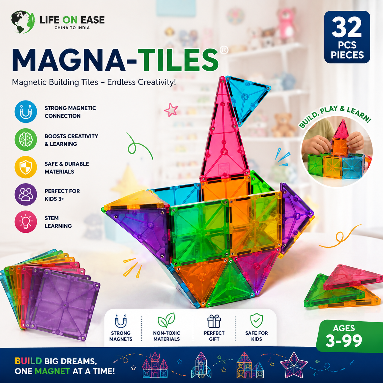 Life On Ease Magnetic Tiles Building Blocks for Kids | 32 PCS STEM Magnetic Building Set | Educational Toy Age 3+