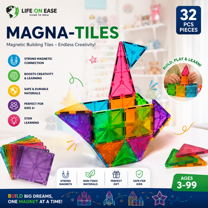 Life On Ease Magnetic Tiles Building Blocks for Kids | 32 PCS STEM Magnetic Building Set | Educational Toy Age 3+