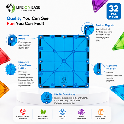 Life On Ease Magnetic Tiles Building Blocks for Kids | 32 PCS STEM Magnetic Building Set | Educational Toy Age 3+