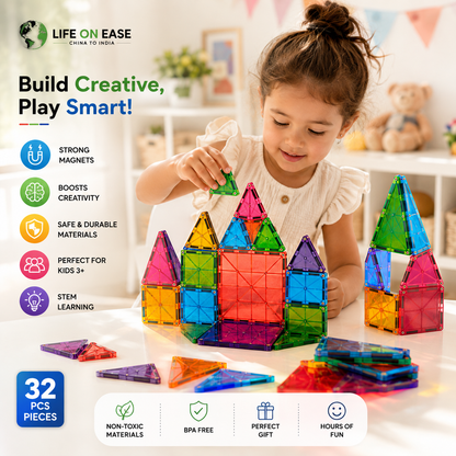Life On Ease Magnetic Tiles Building Blocks for Kids | 32 PCS STEM Magnetic Building Set | Educational Toy Age 3+