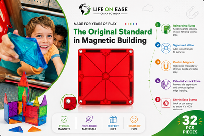 Life On Ease Magnetic Tiles Building Blocks for Kids | 32 PCS STEM Magnetic Building Set | Educational Toy Age 3+