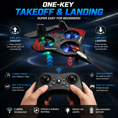RC Fighter Jet Drone for Kids | 2.4GHz Remote Control Flying Toy with LED Lights & One-Key Takeoff | LifeOneEase