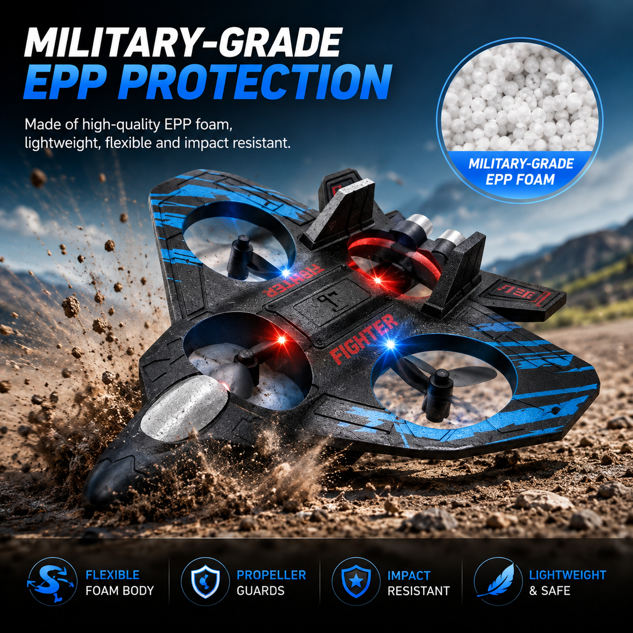 RC Fighter Jet Drone for Kids | 2.4GHz Remote Control Flying Toy with LED Lights & One-Key Takeoff | LifeOneEase