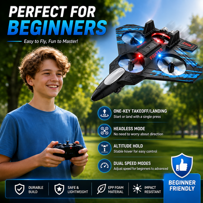 RC Fighter Jet Drone for Kids | 2.4GHz Remote Control Flying Toy with LED Lights & One-Key Takeoff | LifeOneEase