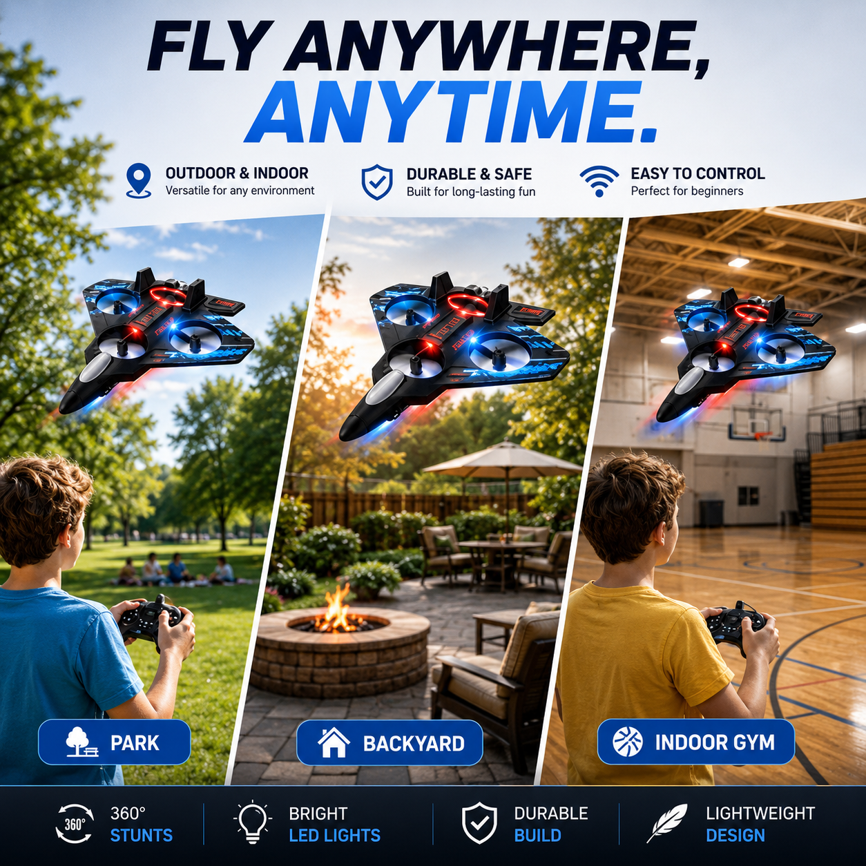 RC Fighter Jet Drone for Kids | 2.4GHz Remote Control Flying Toy with LED Lights & One-Key Takeoff | LifeOneEase