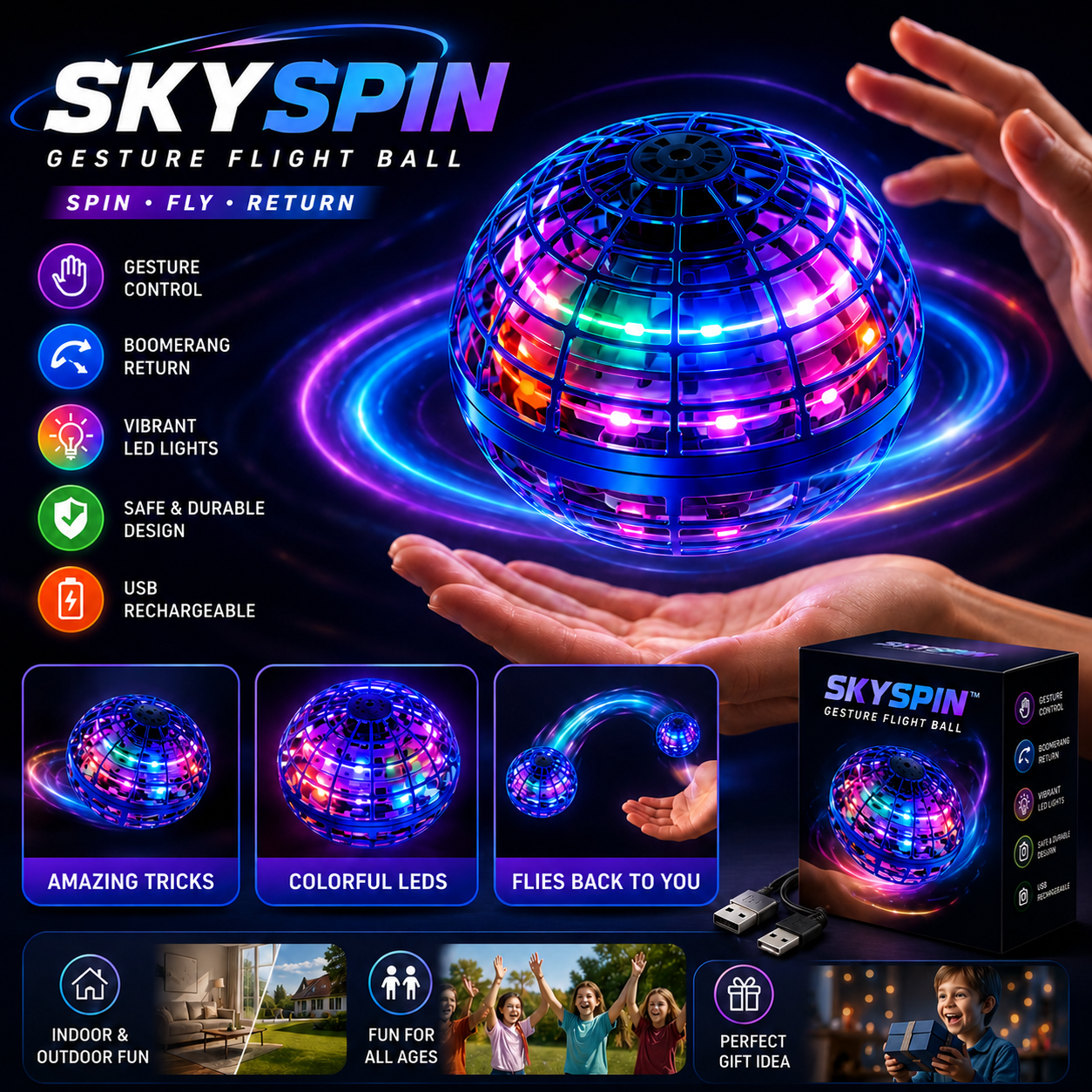 LifeOnEase® LED Flying Spinner Toy for Kids | Magic Boomerang Flying Ball with RGB Lights