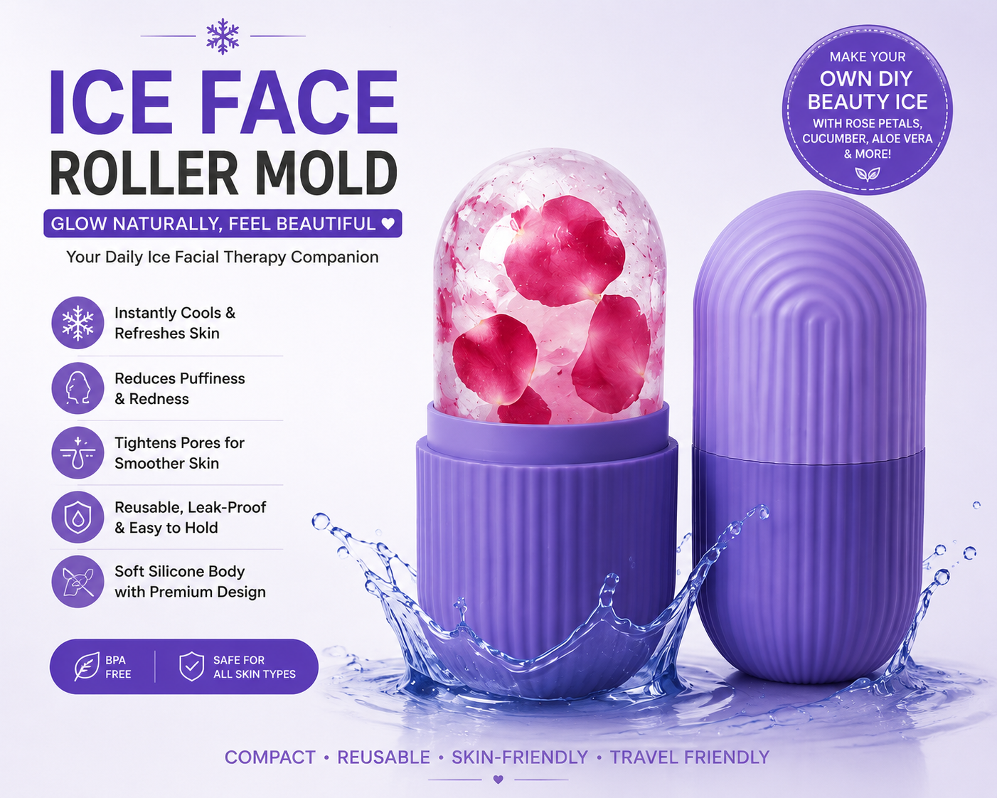 Ice Face Roller Mold for Glowing Skin – Reusable Silicone Facial Ice Roller