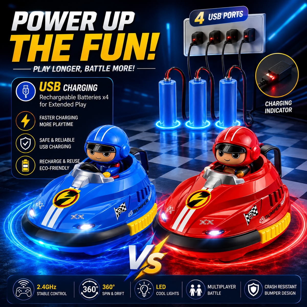 Go Kart Bumper Battle Cars – 2.4GHz Remote Control, 360° Spin & LED Lights